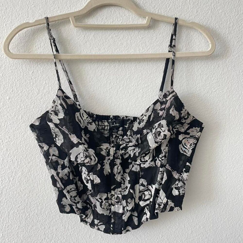 Lulu's Corset Tank Top Women's L Floral Cropped Fitted Feminine Black Strappy
